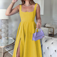BAMBOOBOY Vestido Largo De Verano Para Mujer Con Tirantes Estilo Casual Cuello En V A-Line Pierna Slit Alta Manga Sin Manga Polyester Spandex - details 9