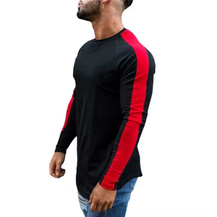 Camiseta De Algodón Patchwork Manga Larga Para Hombre Moda Otoño Casual Deportiva Clásica Con Bajo Arco Tees Tops - 1