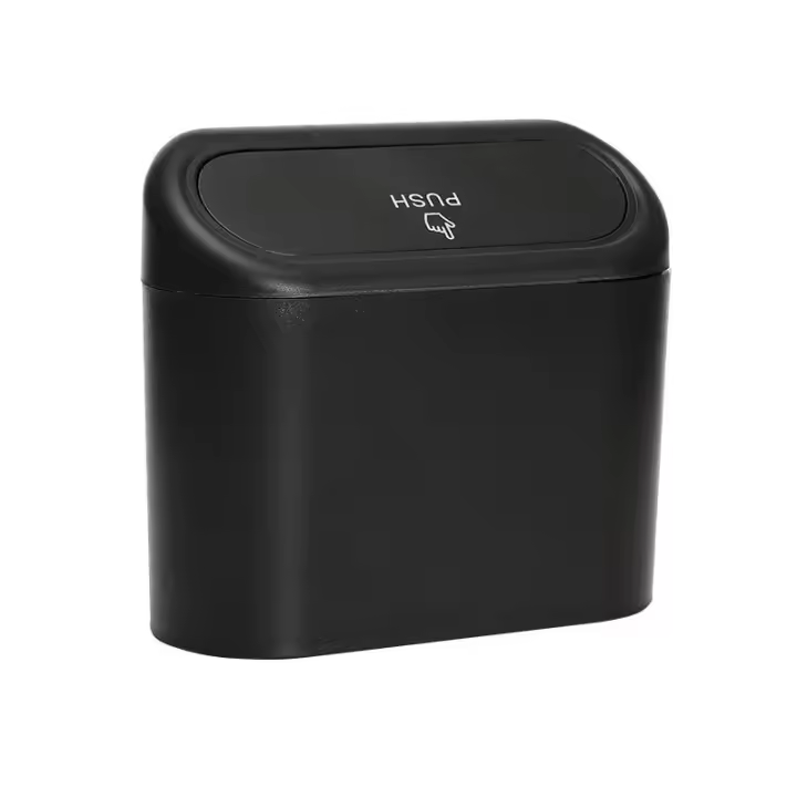 Mini cubo de basura para coche con tapa a presión, compacto, para colocar en el reposabrazos, color negro. - 1