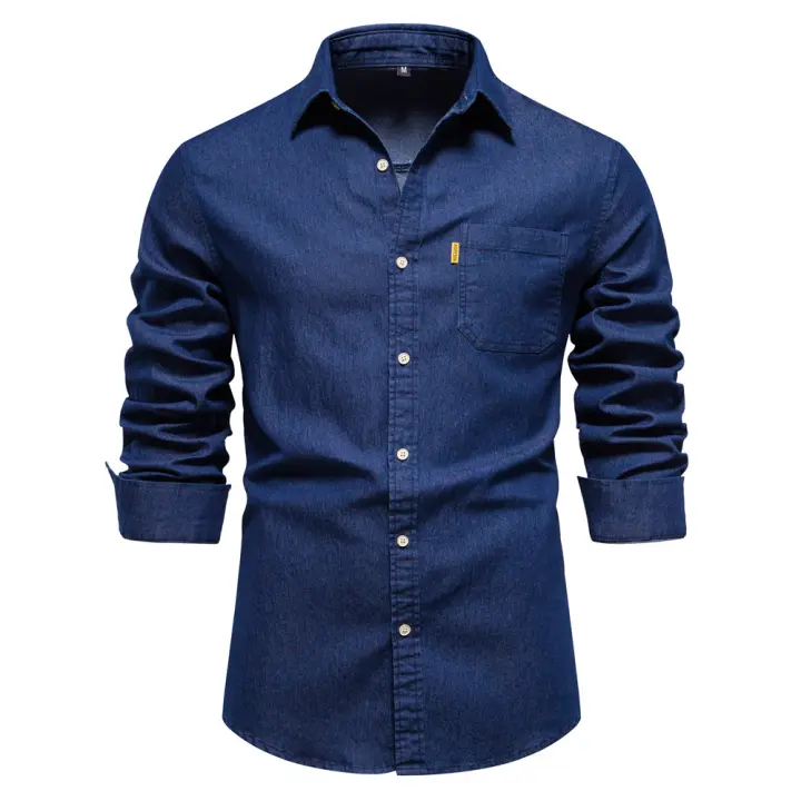 Camisa vaquera sin hierro para hombre, camisa informal de manga larga de color sólido sin hierro, nuevo estilo a la moda, 2024 - 1