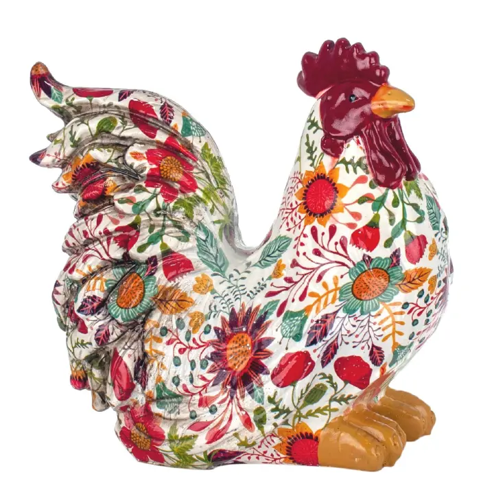 CAPRILO REGALOS & DECORACIÓN Figura Decorativa Rústica de Resina "Gallo Multicolor Floreado" Adornos y Esculturas. Animales. Regalos Originales. Decoración Hogar. 21 x 12,50 x 19 cm - 1