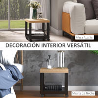 HOMCOM Mesa Lateral para Sofá Mesa de Centro para Salón o Mesita de Noche Multifuncional y con Estante Abierto de Almacenaje con Ruedas 40x40x40 cm Negro y Natural - details 3