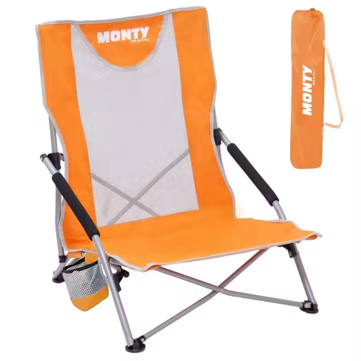 LolaHome Silla playa y camping, plegable cierre tijera, estructura acero pintura Epoxi anticorrosión, tejido Oxford 600 D naranja, respaldo malla transpirable, portavasos , bolsa transporte y reposabrazos - 1