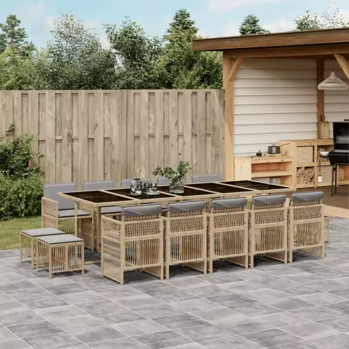 vidaXL Set comedor de jardín con cojines 15 pzas ratán sintético beige - 1