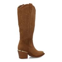 PuntoSalao Botas de Mujer con Tacón Campero y Detalles Brillantes, Caña Alta Media Pierna, Cremallera Lateral, Estilo Cowboy en Color Taupe - details 2