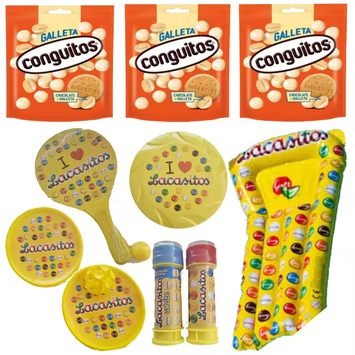 Pack vacaciones Lacasitos y Conguitos:3 galleta blanco doyp 120g,palas con ventosa y con pelota , pompero,frisbee y colchoneta - 1