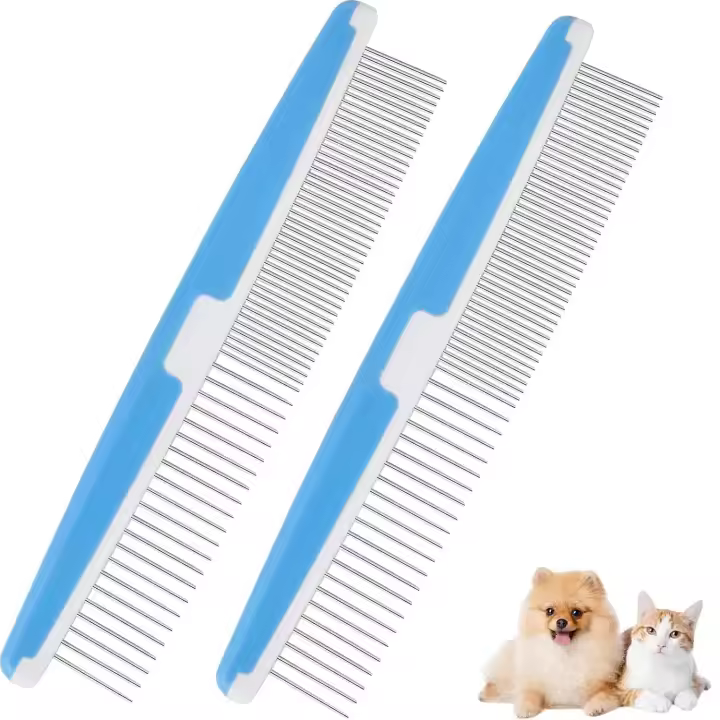 Paquete de 10 peines para perros, peine 2 en 1 de acero inoxidable para el cuidado de gatos con dientes redondeados, herramienta profesional para desenredar mascotas, color azul - 1