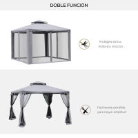 Outsunny Cenador de Jardín 3x3 m Pabellón de Exterior con Doble Techo de Ventilación 4 Cortinas Mosquiteras Laterales con Cremallera 8 Orificios de Drenaje para Fiestas Patio - details 3