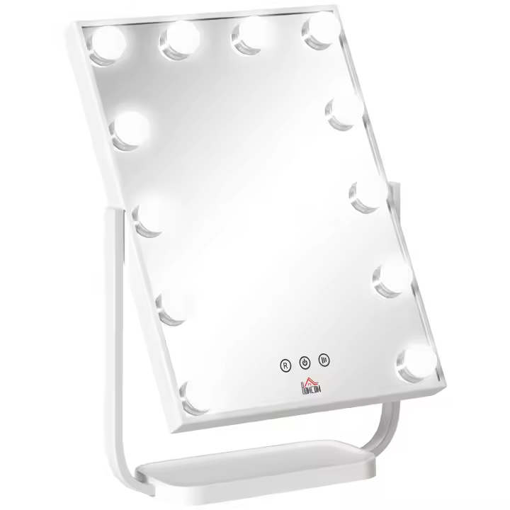 HOMCOM Espejo de Maquillaje con Luz Espejo Hollywood de Mesa con 12 LED 3 Modos y Luz Ajustable Pantalla Táctil y Función de Memoria para Dormitorio Baño 32,8x11x47,4 cm - 1