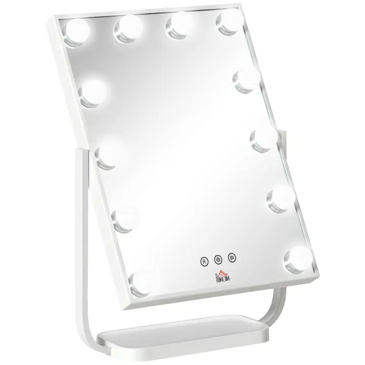 HOMCOM Espejo de Maquillaje con Luz Espejo Hollywood de Mesa con 12 LED 3 Modos y Luz Ajustable Pantalla Táctil y Función de Memoria para Dormitorio Baño 32,8x11x47,4 cm - 1