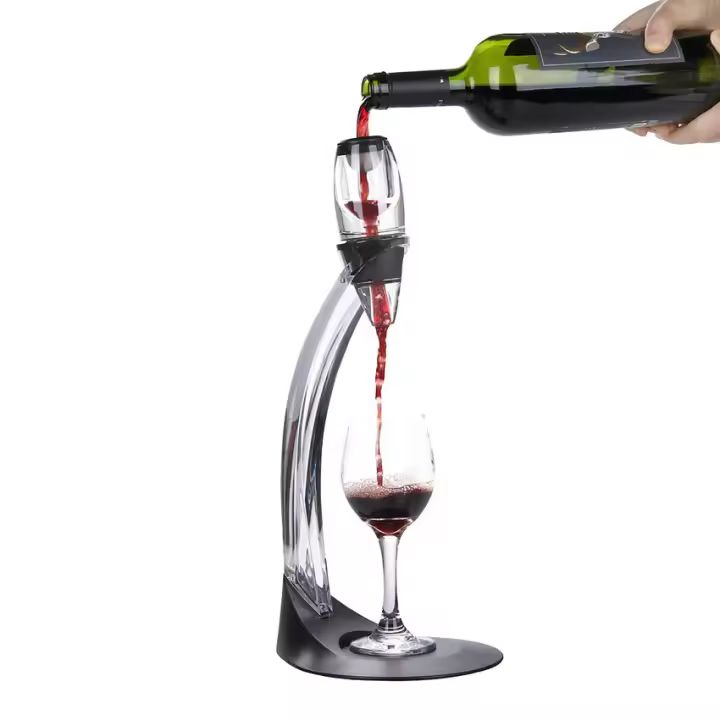 NK Set de Decantador de Vino + Soporte - Aireador de vino con filtrado, Material Acrílico, Filtro Incorporado, Incluye Soporte para Copa de Vino y Bolsa de tela, Altura de 41 cm, Color Negro - 1