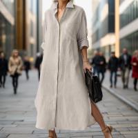 Vestido Largo Elegante Para Mujer Con Cuello Enrollado Y Abertura Casual A-Line Sólido Moda Solapa Simple Suéter Vestido De Manga Regular De Poliéster Con Estiramiento Leve - details 15