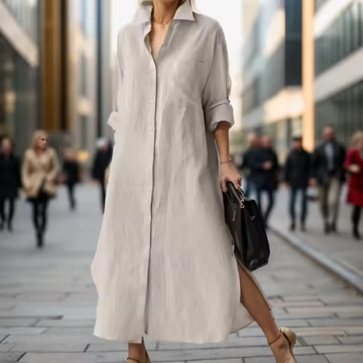 Vestido Largo Elegante Para Mujer Con Cuello Enrollado Y Abertura Casual A-Line Sólido Moda Solapa Simple Suéter Vestido De Manga Regular De Poliéster Con Estiramiento Leve - 1