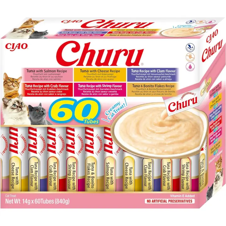 CHURU – INABA,  60 UNIDADES MIX Variedades de Snacks Sludables Base De ATÚN, Premio para Gatos, Premio Delicoso, Snack Liquido - 1