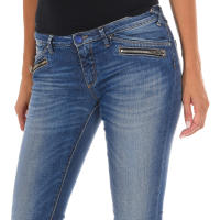 MET-Pantalon Tejano Largo efecto gastado de tejido elástico 10DBF0731 para Mujer