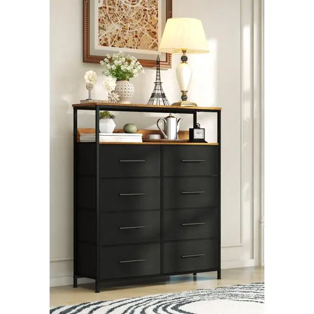 Cómoda para dormitorio, cómoda industrial rústica con 8 cajones de TELA, pasillo, fácil de instalar, cajonera para habitaciones, gran espacio de almacenamiento. - 1