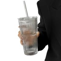Vaso De Leche Y Café Frío De 600ML Con Tapa Y Pajita Transparente De Pattern Estriado Para Bebidas Vaso De Vidrio Redondo - details 3