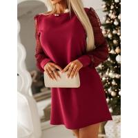 Vestido Mini De Manga Larga Para Mujer En Color Sólido Casual Y Moda Convoluto De Malla Cuello Redondo Cómodo Polyester - details 2