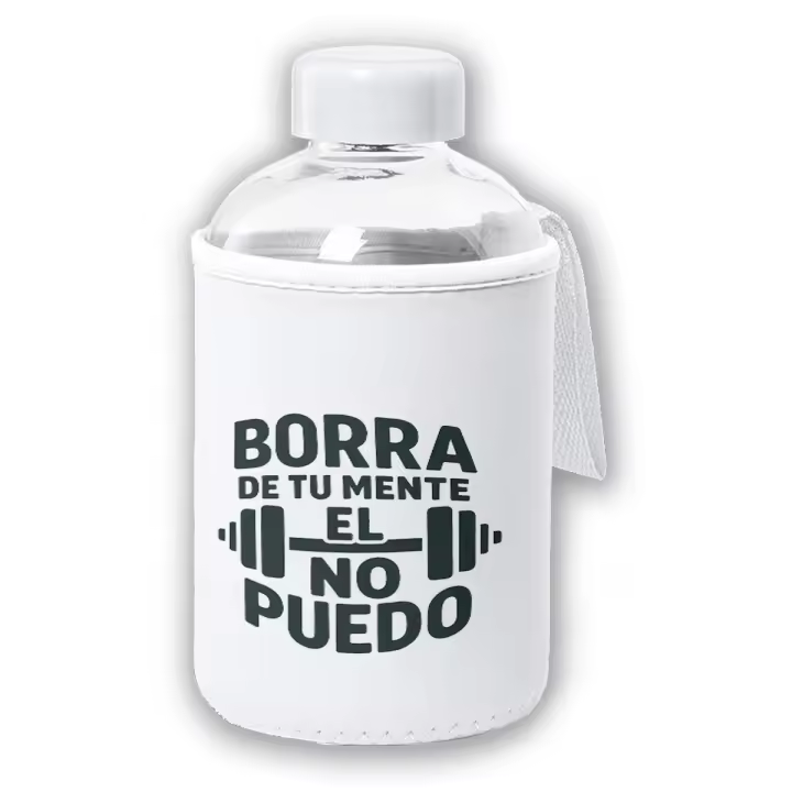 MERCHANDMANIA Bidón cristal con Funda soft shell frase motivadora borra de tu mente el no puedo tapon seguridad botella - 1