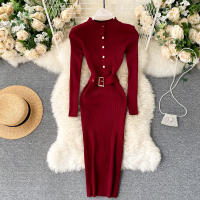 Vestido REALEFT De Punto Para Mujer Con Cuello Alto Y Mangas Largas Estampado Sólido Estilo Casual Vestido De Abrazo Largo Hasta La Rodilla Para Otoño E Invierno - details 11