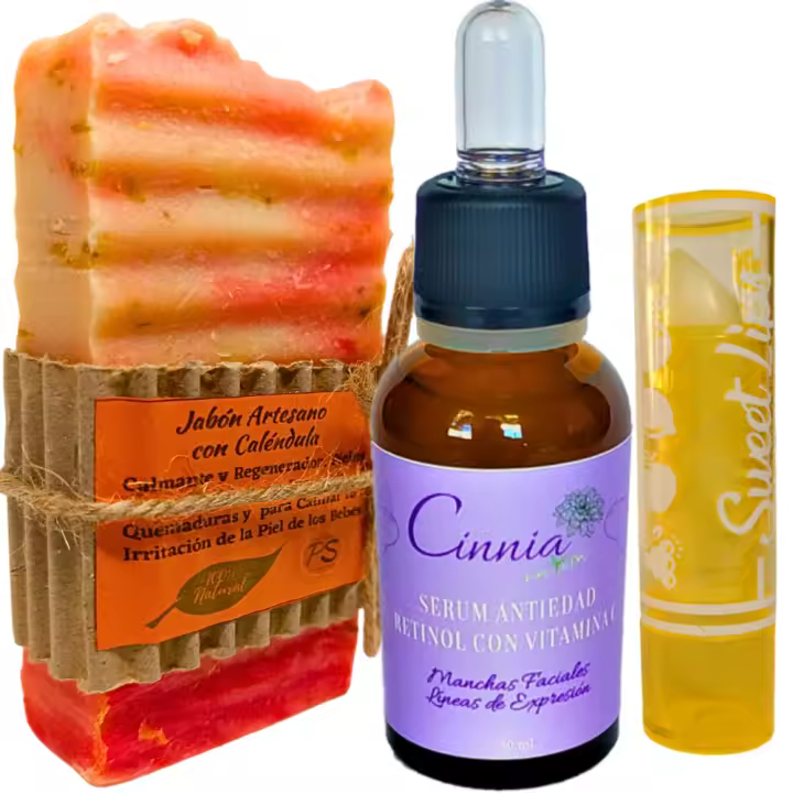 Pack Facial. Serum Vitamina C + Jabón Artesanal de Caléndula + Labial Frutal Naranja. PumarShop Cinnia Natura. Antiarrugas. Piel Sensible. Madura - 1