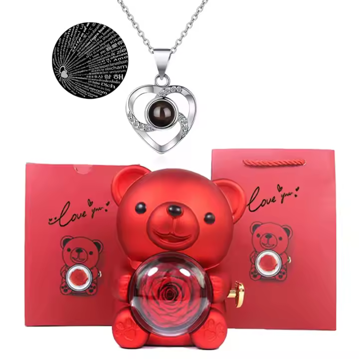 Caja De Rosas Preservadas Con Oso Mini Romántica Para Aniversario Regalo Eterno De Novia Madre Boda Cumpleaños Caja De Regalo De Velours Portátil - 1