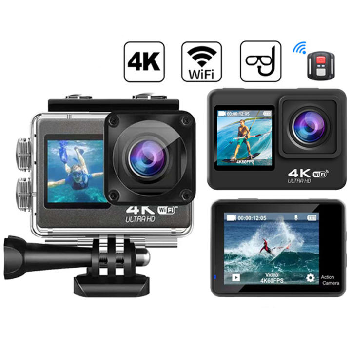 Action Camera 4K High Definition Dual Color Screen Waterproof Image Stabilized Outdoor Camera WiFi Connectivity Action DV Camcorder [V8R] 4K Dual Screen + Lens + WiFi + Remote Control + 1 Spare Battery + 64G Card
