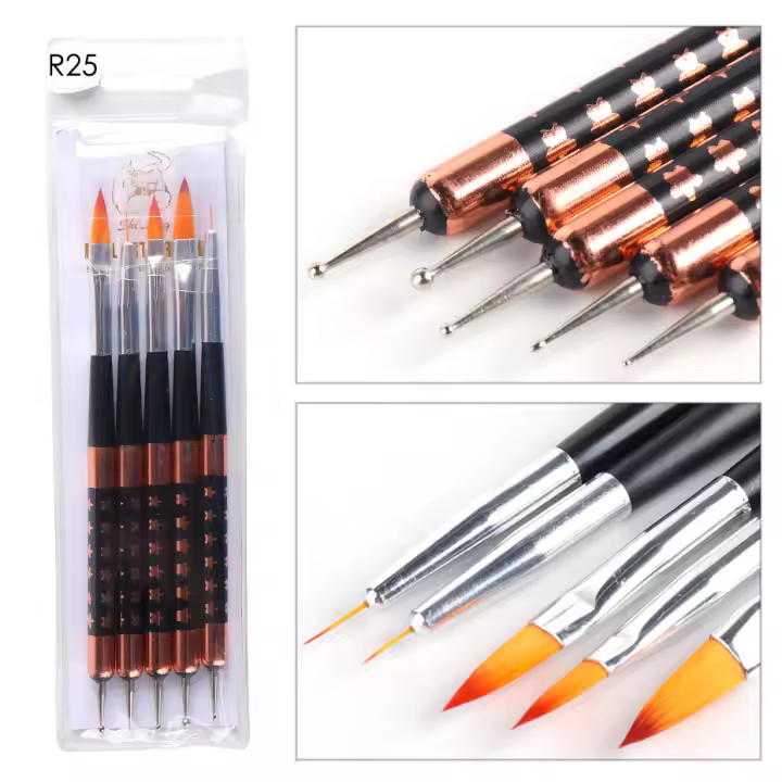 Set De 5 Piezas De Pinceles Para Uñas Blanco Doble Final Dotting French Stripe Nail Liner Herramientas De Manicura Para Dibujar Y Pintar Flores - 1