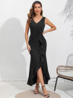 Vestido Formal De Noche Para Mujer Largo Negro Vestido De Boda Para Invitadas Y Novia Sin Mangas Cuello En V Plegado Alineado - details 0