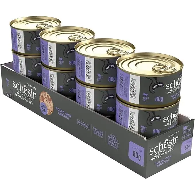 Schesir After Dark - Sabor de Pollo con Pato en filetes, Comida húmeda Completa para Gatos Adultos (latas 12 x 80 g) - 1