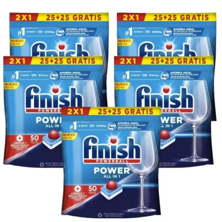 Finish Power All in 1 – Pack Ahorro de 250  Pastillas para Lavavajillas (5x 25+25), sin fosfatos y con Powerball antigrasa de alta eficacia - 1
