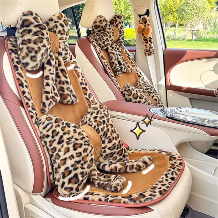 Juego de 4 almohadas cervicales y lumbares con nudo de mariposa de peluche para coche, almohada cervical con lazo suave para coche, almohada ergonómica para reposacabezas y cojín lumbar, bonitos accesorios para coche con lazo (leopardo). - 1