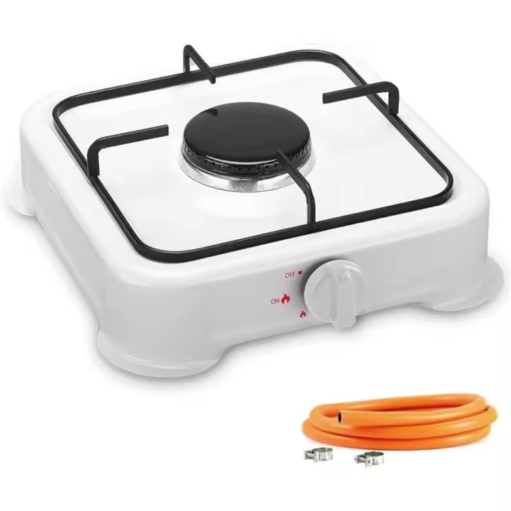 COSHANO Hornillo de Gas 1 Fuego Cocina Portátil + Manguera de Presión Estufa para Camping, Playa, Jardin y Hogar 28x28x7cm, Color Blanco - 1