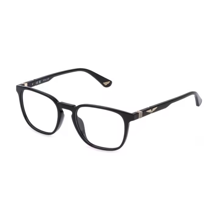 MONTURA UNISEX POLICE ORIGINS LITE 33 VPLQ67 0Z42 52-19  Montura Acetato Negro Brillo   Logo Dorado   Forma Cuadrada  Borde Completo  - 1