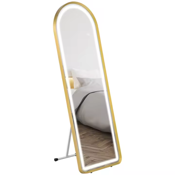 HOMCOM Espejo de Cuerpo Entero, 151,5 x 50 x 4 cm Espejo de Pared con Soporte, Espejo de Pie con Luz LED, Espejo de Armario Regulable con Interruptor Táctil, para Salón, Dormitorio, Dorado - 1