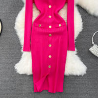 Vestido Midi De Punto REALEFT Para Mujer Con Cuello En V Manga Larga Y Falda Frontal Solta Estilo Casual Color Sólido Otoño Invierno - details 18