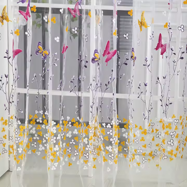 Cortinas De Ventana De Tela Gauze Natural Con Mariposas Y Ramas Para Dormitorio Y Sala De Estar Estilo Rustico Impresión En Ventana - 1