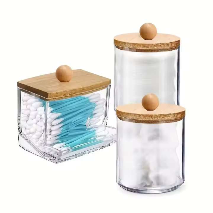 Recipiente de Almacenamiento Acrílico para Baño Organizador de Maquillaje con Tapa de Bambú Caja de Hisopos de Algodón Dispensador de Qtip - 1