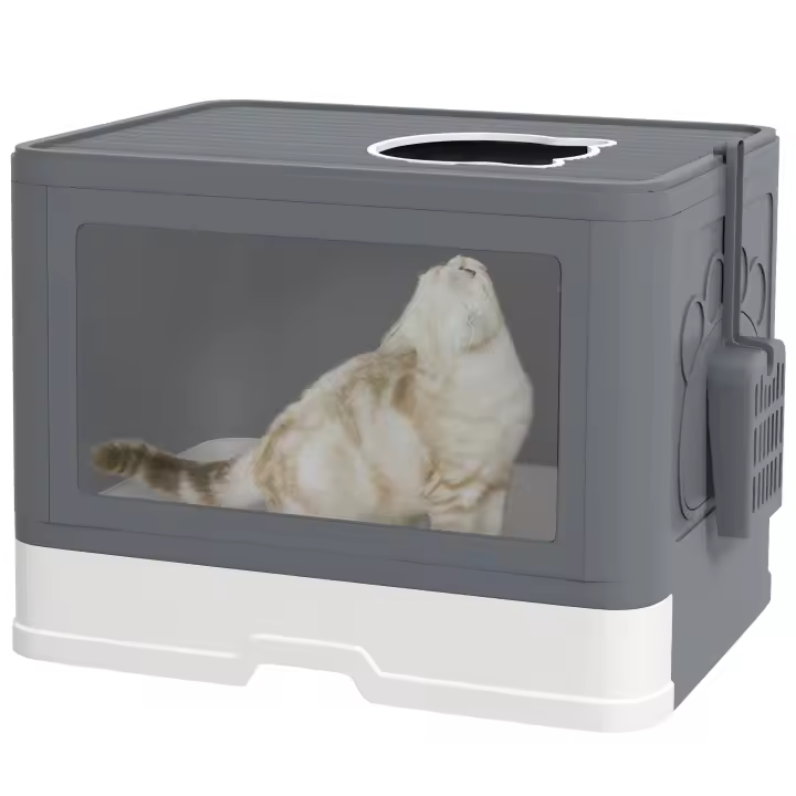 PawHut Arenero para Gatos con Cubierto Inodoro para Mascotas Desmontable con Caja de Almacenamiento Pala Cepillo 2 Puertas Entrada Principal y Salida Superior 48,5x38x36,5 cm Gris - 1