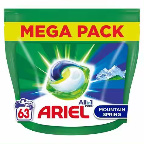 ARIEL PODS Todo en 1 Detergente Líquido Para Lavadora Cápsulas 63 Lavados, Frescor De Los Alpes, Increíble poder quitamanchas desde el primer lavado, incluso en frío - 1