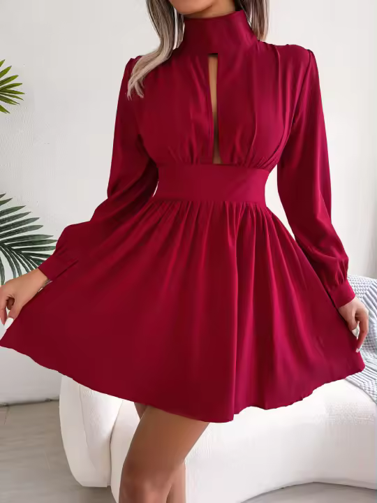 Vestido A-Line De Manga Larga Casual Para Mujer 2023 Negro Rojo Blanco Hollow out Decoración Estilo Mini Para Otoño - 1
