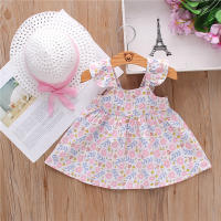 Conjunto De 2 Vestidos Y Sombreros Para Niñas Verano Estampado Floral Con Lazo Sleeves Volantes Con Suspensión Vestido De Polyester Para Bebés De 1-2 Años - details 6