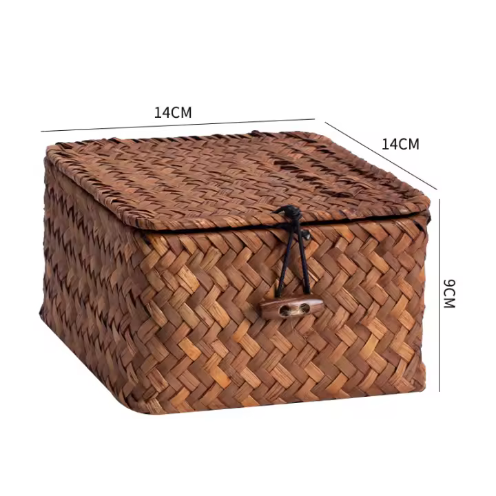 Caja De Almacenamiento Tejida a Mano En Rotura Con Tapa Cesta De Rattan Para Cosméticos Toallas Ropa Lavandería Ecológica - 1