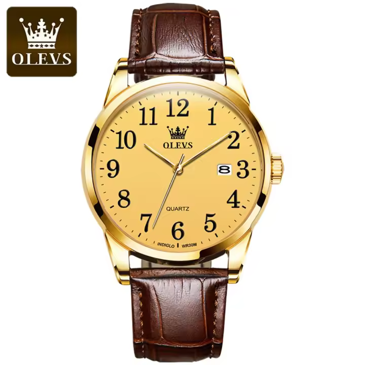 Reloj De Cuarzo Clásico Para Hombre OLEVS Con Correa De Cuero Marrón Y Fechador Resistente Al Agua Dial Digital Estilo De Negocios - 1
