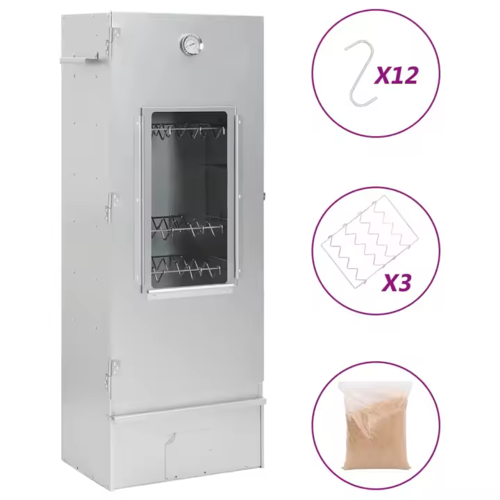 vidaXL Horno ahumador astillas madera con ventana acero galvanizado + 1 kg de virutas de madera Dimensiones 44.5 x 29 x 83 cm, 44.5 x 29 x 110 cm, 44.5 x 29 x 124 cm - 1