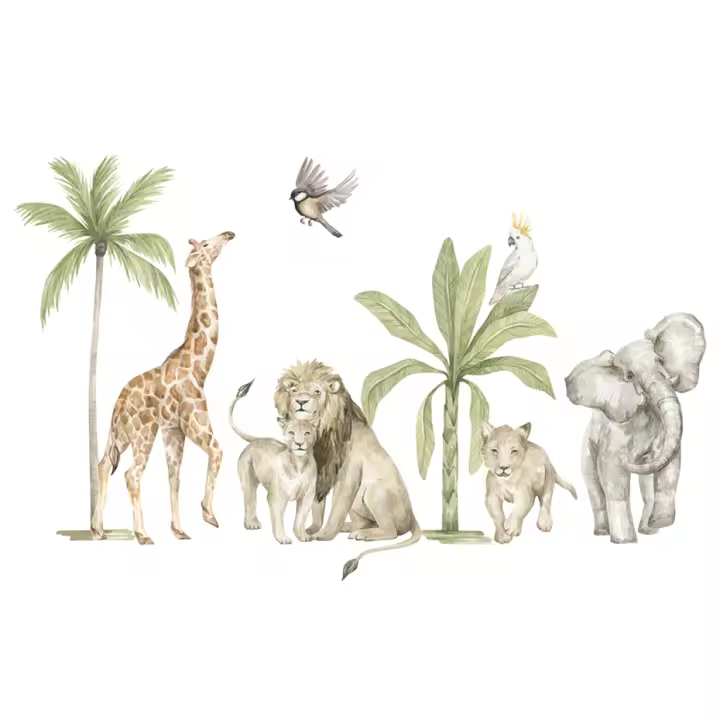 Pegatina De Pared Boho Grande De Animal Africano León Y Giraffa Tropical Árbol Acuarela Decoración Para Niños Habitación De Niños Hombres Decoración De Hogar - 1