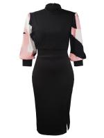 Vestido Bodycon Largo Para Mujer Con Manga Larga Y Estampado Mixto LW Vestido De Fiesta De Noche Con Abertura En La Frontera Cuello Bocina Ajustado - details 2