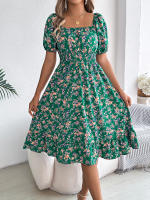 Vestido Elegante De Primavera Y Verano Para Mujer Con Estampado Floral Cuello Cuadrado Manga Corta Volante Al Borde Vestido A-Line De Rodilla Casual - details 14