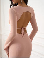 Nuevo Asia Mujer Conjunto De Dos Piezas Rosa Ribbed Tejido Con Top De Manga Larga Y Falda Maxi Espalda Descubierta Estilo Elegante Para Fiesta Y Club - details 5