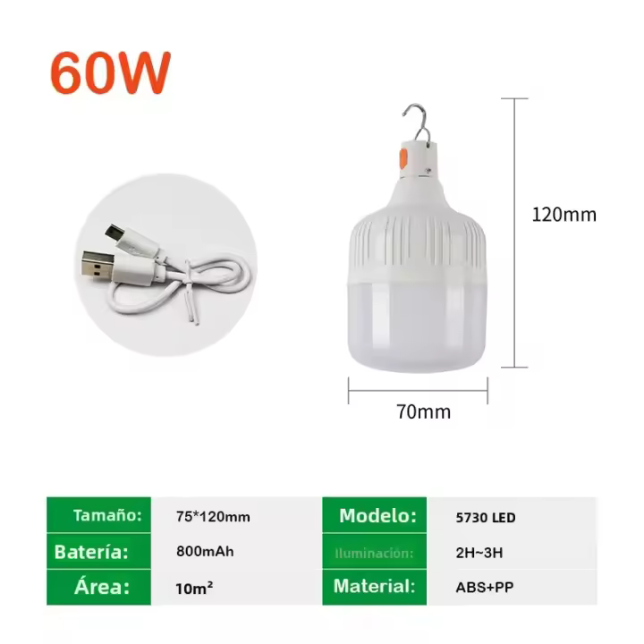 Bulbo LED Portátil Recargable Por USB Lámpara Móvil Super Brillante Para Camping Noche Emergencia Con Gancho Para Saco De Dormir Y Mercado - 1